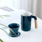 Ceramic Large Capacity Mug Custom Japanese Stoneware Office Cup Wooden Handle Gift Cup With Lid Tea Separation - Minihomy