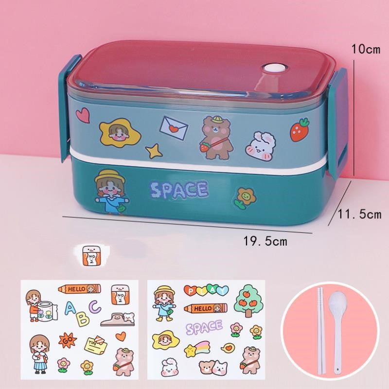 Double-Decker Lunch Box With Cutlery And Portable Cute Office Worker - Minihomy