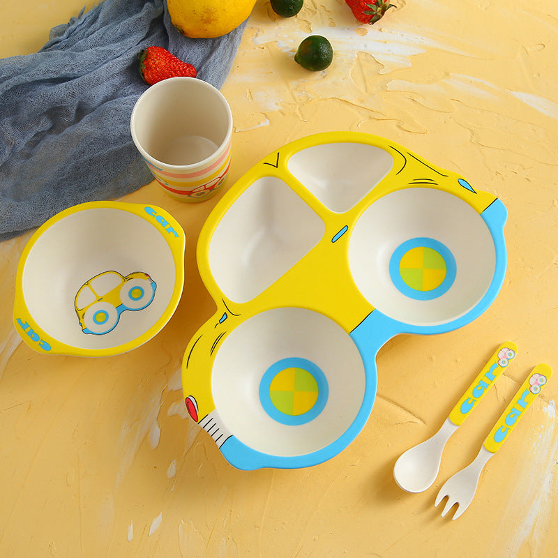 Children'S Bamboo Fiber Tableware Kindergarten Children'S Eating Grid Plate Household Cartoon Bowl Spoon Fork Cup Set