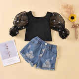 Cotton Dot Mesh Sleeves Striped Top & Ripped Denim Shorts Kids Suit