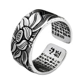 Real Silver Plated Prajna Paramita Heart Sutra Lotus Ring Buddhism Jewelry