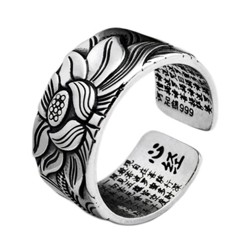 Real Silver Plated Prajna Paramita Heart Sutra Lotus Ring Buddhism Jewelry