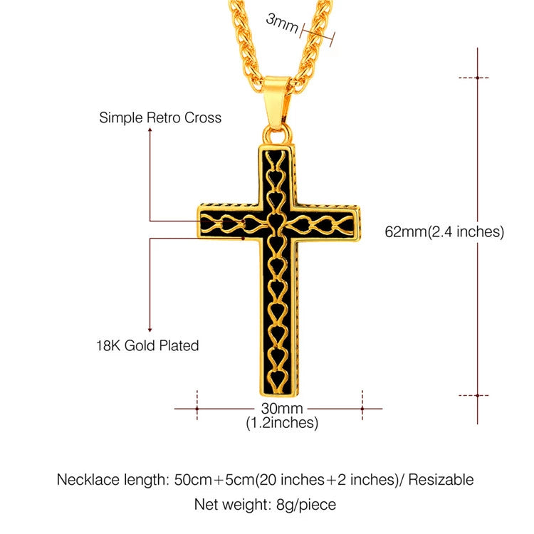 316L stainless steel gold plated christianity jewelry unique black mens vintage cross necklace with chain - Minihomy