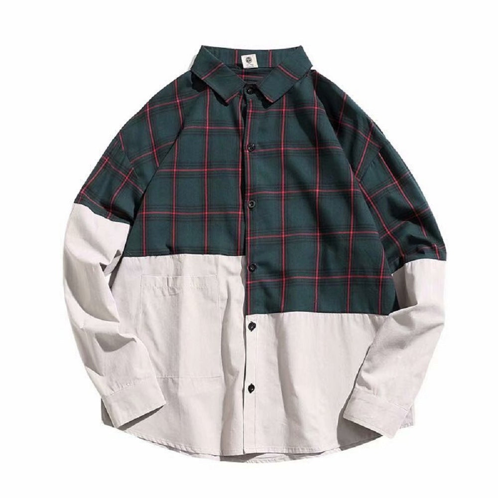 Autumn Japanese plaid stitching shirt men - Minihomy