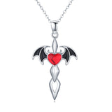 Bat Cross Pendant Necklace With Rosy Crystal Jewelry Gift For Women