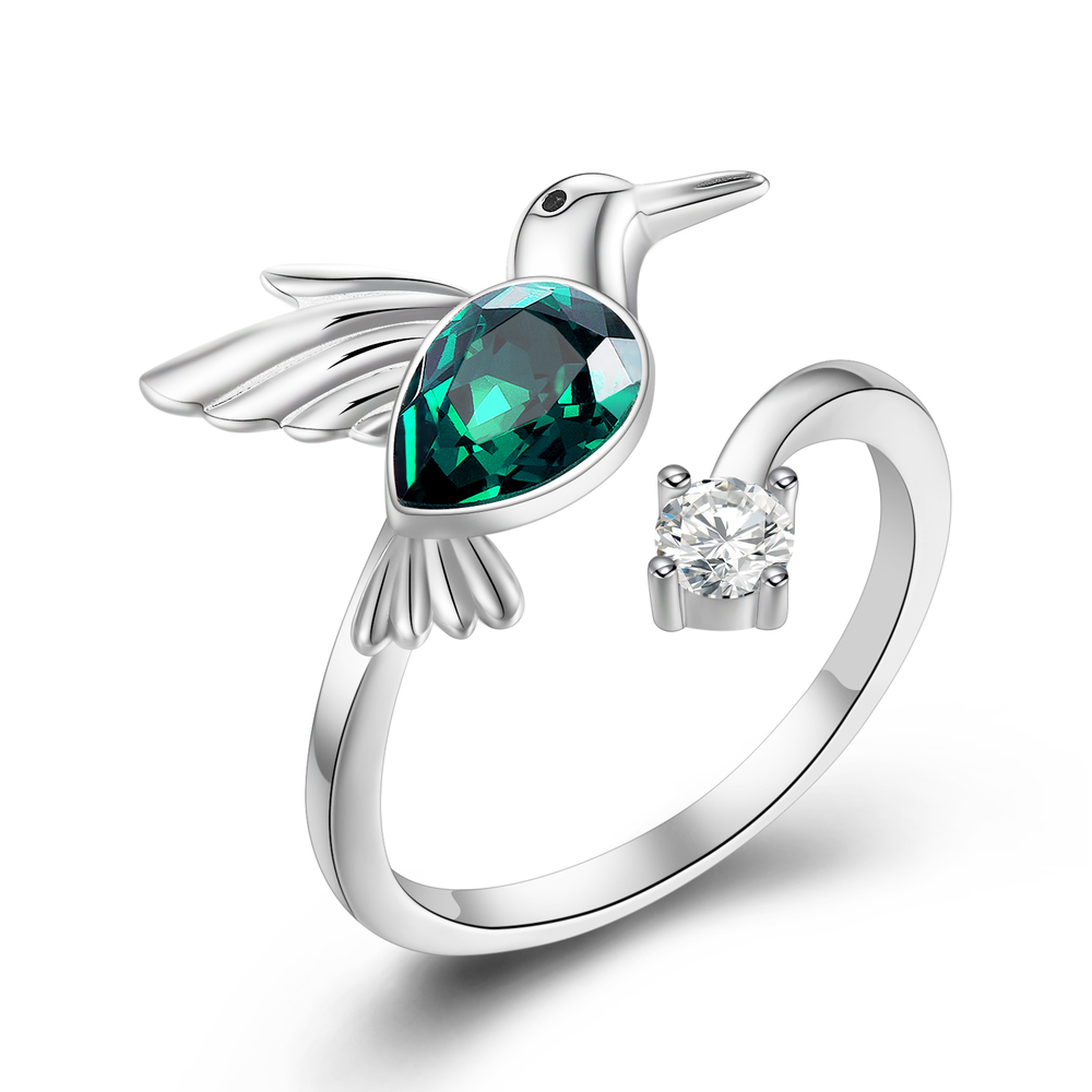 Emerald Green May Birthstone Crystal Ring for Mom Birthday, Sterling Silver Hummingbird Womens Ring Jewelry Gifts - Minihomy