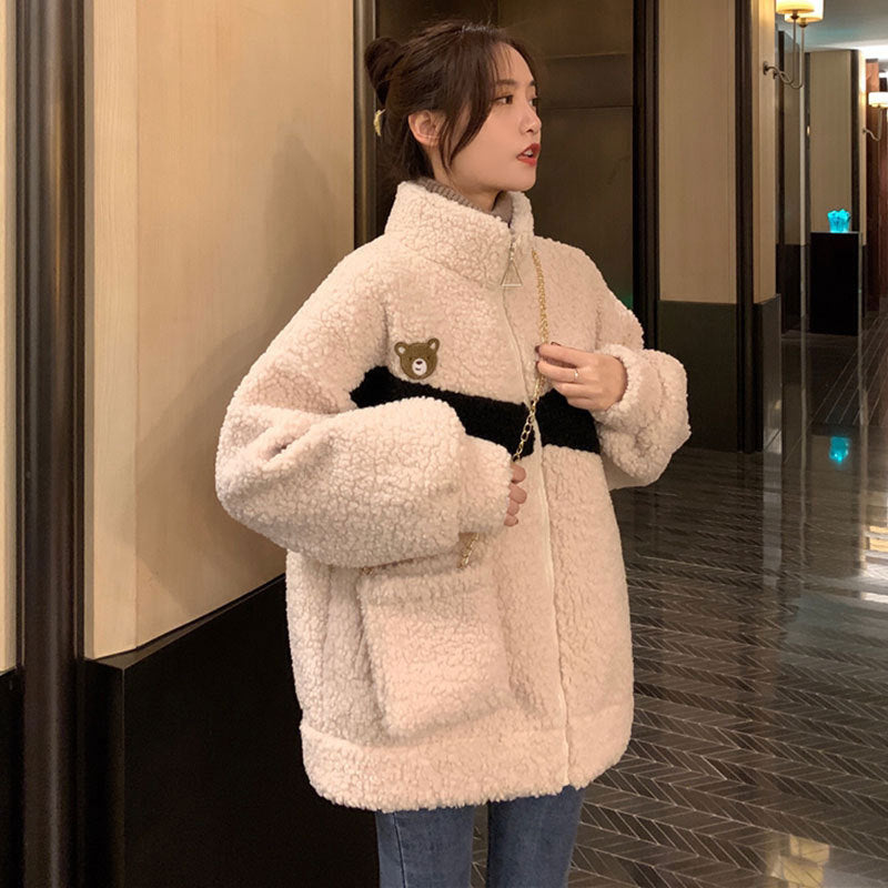 Lamb Wool Plus Velvet Jacket Female Design Sense Contrast Color - Minihomy