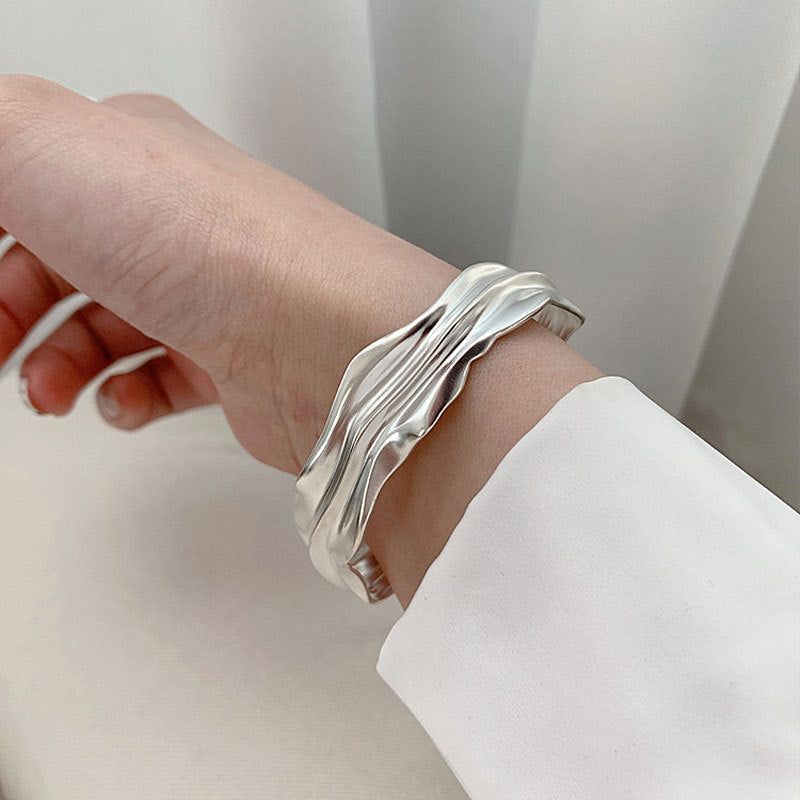 Irregular Fold Texture Opening Wide S925 Sterling Silver Bracelet Women - Minihomy