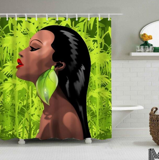 Art Design Graffiti African Girl with Black Hair with Modern Building Shower Curtain for Bathroom Decor - Minihomy