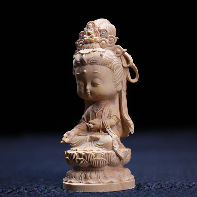 Boxwood Carving Cute Guanyin Ornaments Buddha Statues Hand-carved Crafts - Minihomy