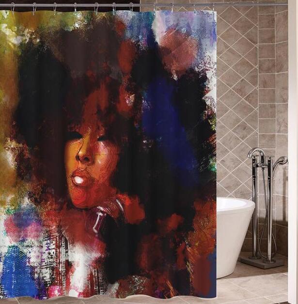 Art Design Graffiti African Girl with Black Hair with Modern Building Shower Curtain for Bathroom Decor - Minihomy