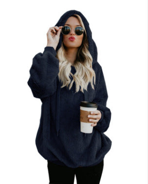 Plus Size Fall Winter Long Sleeve Plush Hooded Shirt Warm Sweatshirt