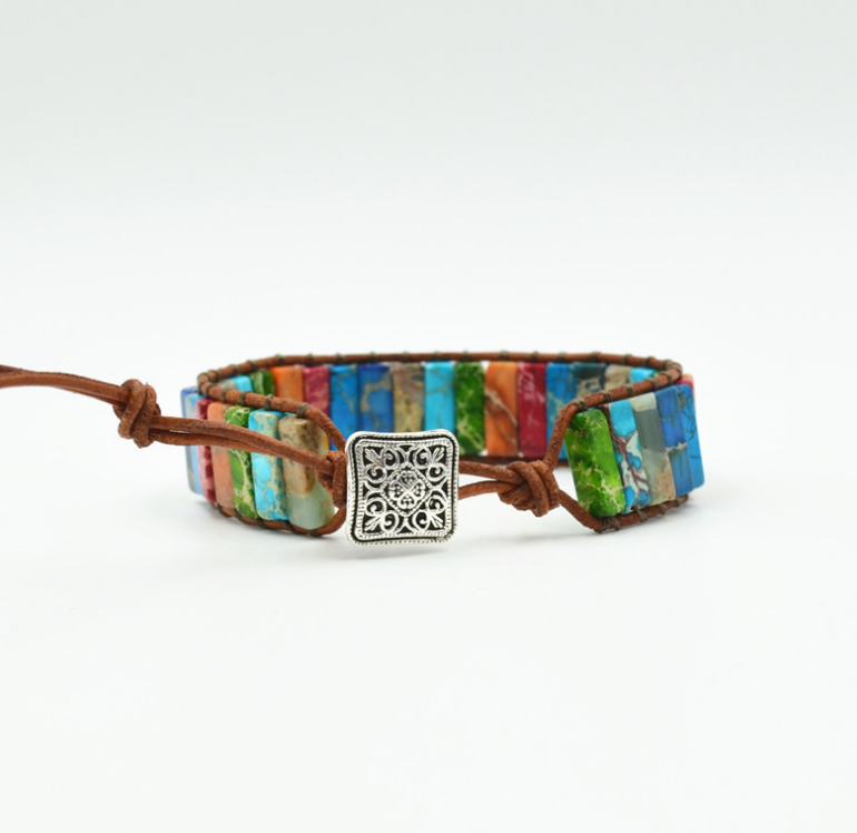 Colored Imperial Stone Hand-woven Single-layer Leather Bracelet: Embrace Ethnic Elegance - Minihomy