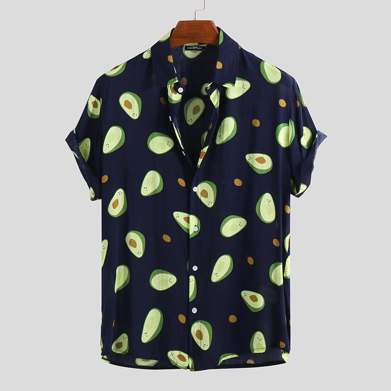 Shirt Hawaiian Short Sleeve Shirts Men Summer Casual Avocado Printed Shirts