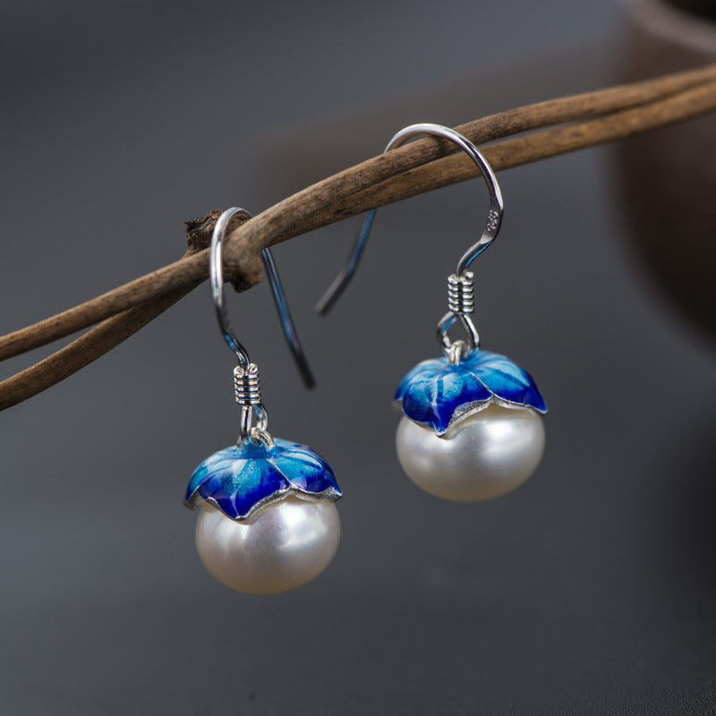 Cloisonne 925 Silver Earrings Sukhothai gold jewelry design freshwater pearl earrings  lotus female - Minihomy