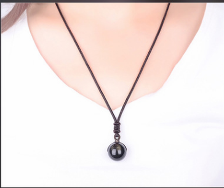 Natural Obsidian Stone Pendant Necklace with Lucky Transfer Beads in Black and Gold for Lovers - Minihomy