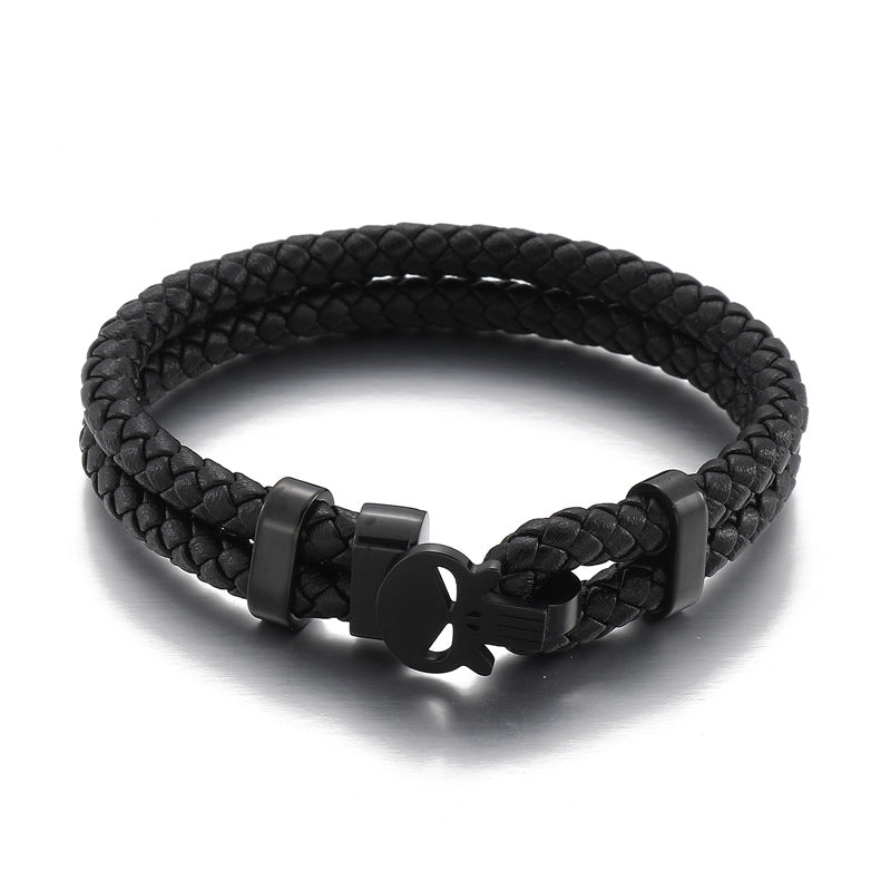 Double Layer Leather Stainless Steel Skull Bracelet - Minihomy