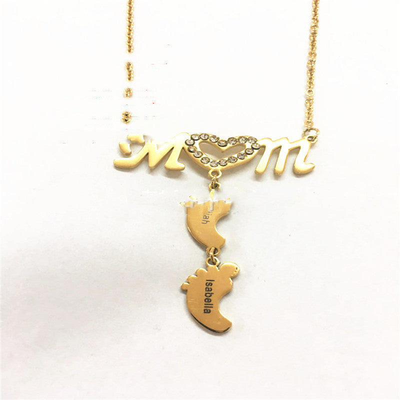 Personalized Inlay MOM Necklace with Baby Feet Name Necklace Pendant Custom Necklace Zirconia Necklaces