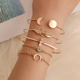 Five Pieces Ladies Bracelets Boho Punk Moon Leaf Crystal Protein Bracelet Set Boho Beach Bracelet Jewelry