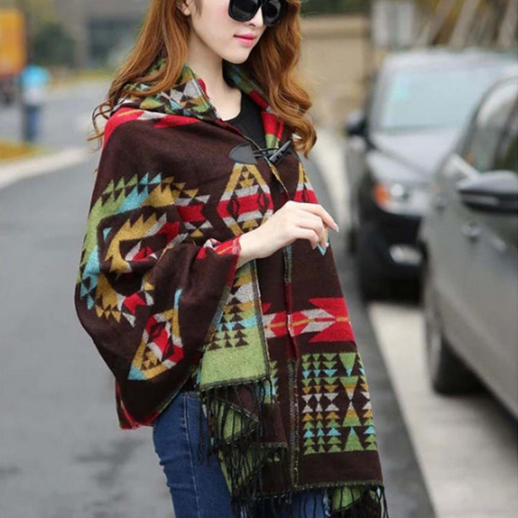 Retro national wind hooded cape shawl bohemian tourism horn buckle shawl