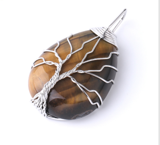 Natural Stone Pendant Gold Color Wire Wrap Gem - Minihomy