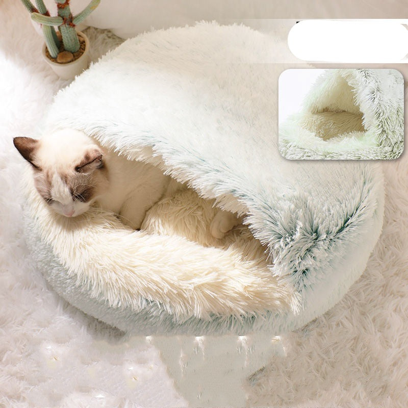 Pet Bed Round Plush Warm Bed House Soft Long Plush Bed  2 In 1 Bed - Minihomy