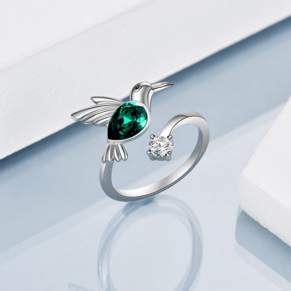 Emerald Green May Birthstone Crystal Ring for Mom Birthday, Sterling Silver Hummingbird Womens Ring Jewelry Gifts - Minihomy