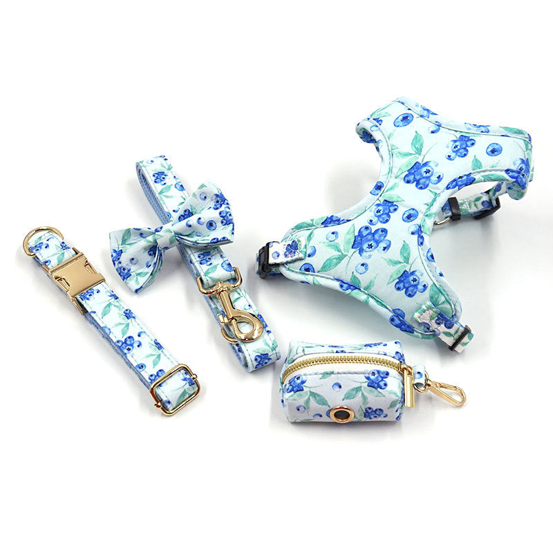 Cute Blueberry Print Pet Out Chest And Back Leash Set