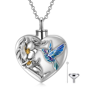 Hummingbird Flower Cremation Urn Necklace for Human Ashes 925 Sterling Silver Heart Keepsake Memorial Locket Holder