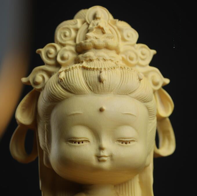 Boxwood Carving Cute Guanyin Ornaments Buddha Statues Hand-carved Crafts