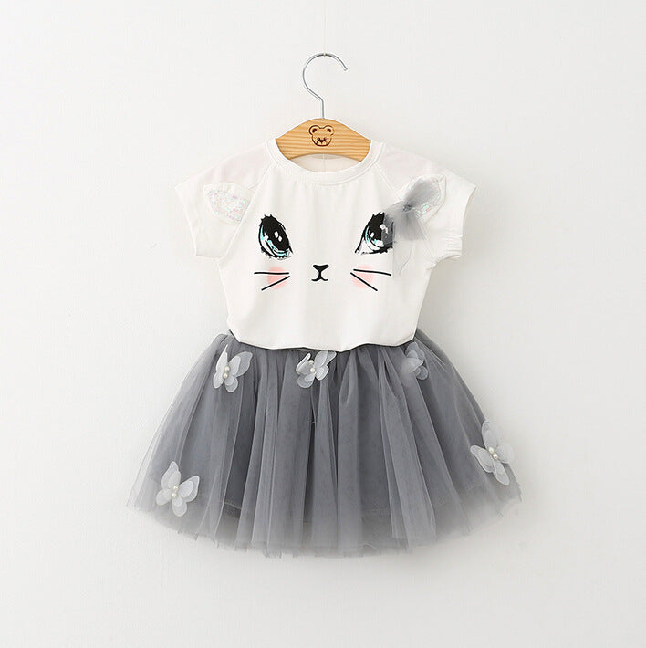 Girls Kids Cute Cat Short Sleeve T-Shirt Butterfly Beaded Puffy Skirt Set