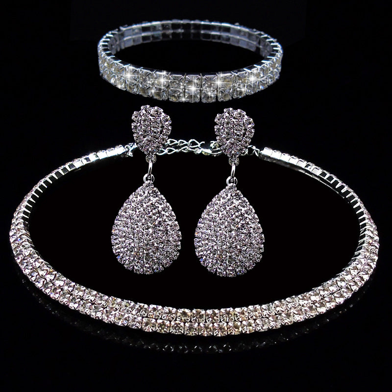 Full Rhinestone Multilayer Necklace Bracelet Drop Earring Set