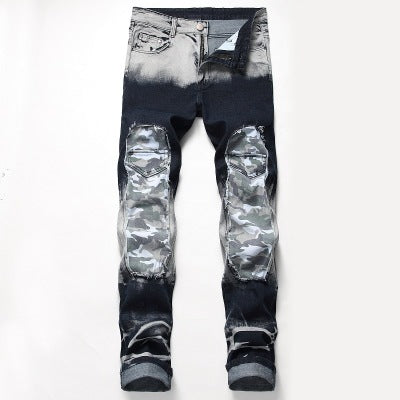 Mens Ripped Jeans Blue White Motorcycle Casual Straight Denim Pants
