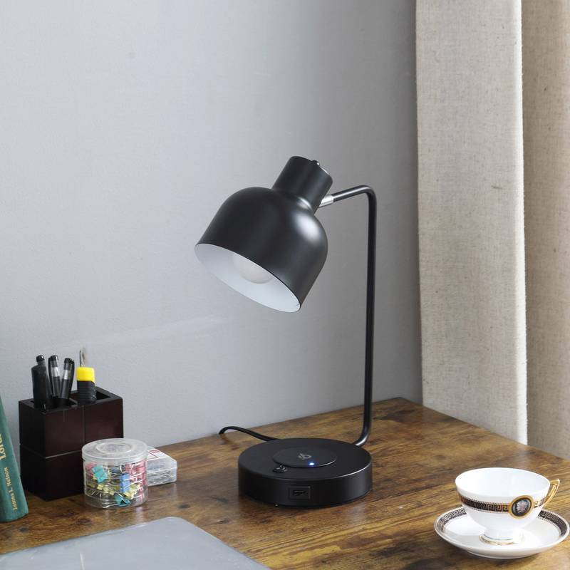 15" Black Metal Desk USB Table Lamp With Black Shade - Minihomy