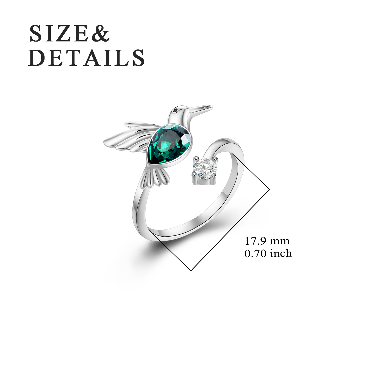 Emerald Green May Birthstone Crystal Ring for Mom Birthday, Sterling Silver Hummingbird Womens Ring Jewelry Gifts