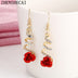 Fashion Jewelry Ethnic Red Rose Drop Earrings Big Rhinestone Earrings Vintage For Women Rose Gold Spiral Dangle Earring - Minihomy