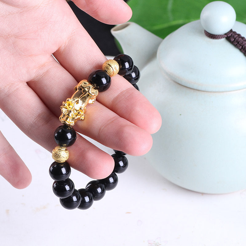 Obsidian 18K Gold Beads Bracelet Men Women - Minihomy