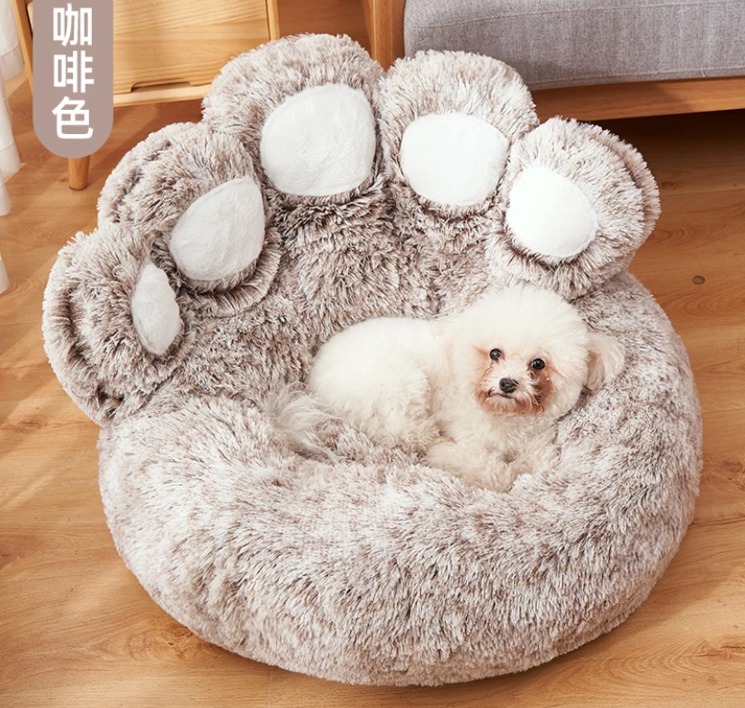 Cozy Bear Paw Pet Bed - Long Plush Round Cat and Dog Mat for Deep, Warm Sleep