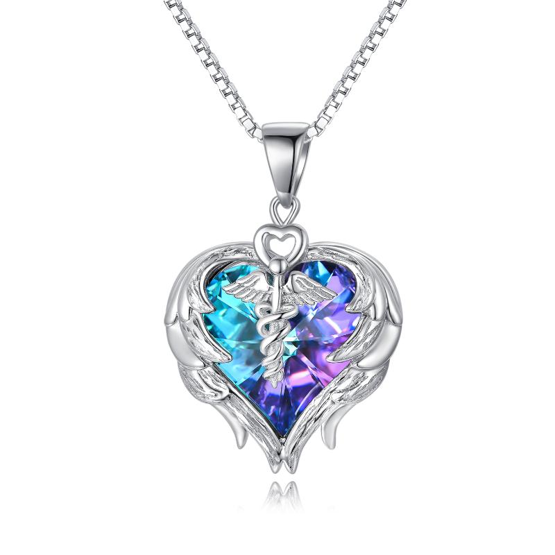 Nurse Gifts for Women 925 Sterling Silver Nurse Necklace with Caduceus Angel Wing Heart Charm - Minihomy