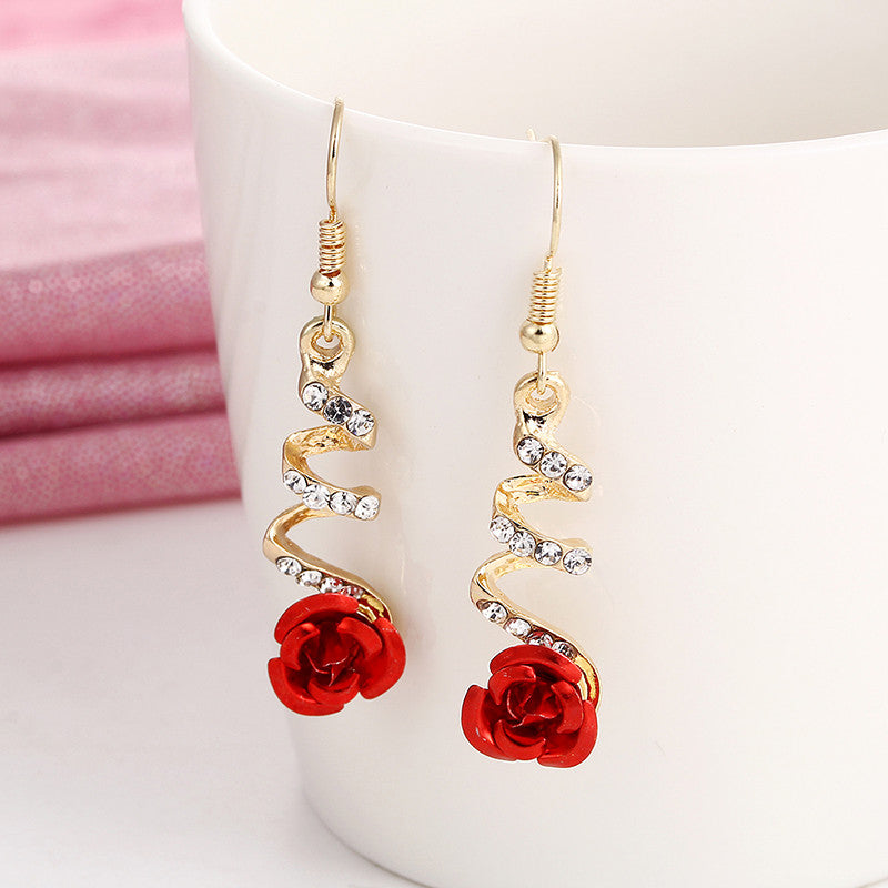 Fashion Jewelry Ethnic Red Rose Drop Earrings Big Rhinestone Earrings Vintage For Women Rose Gold Spiral Dangle Earring - Minihomy