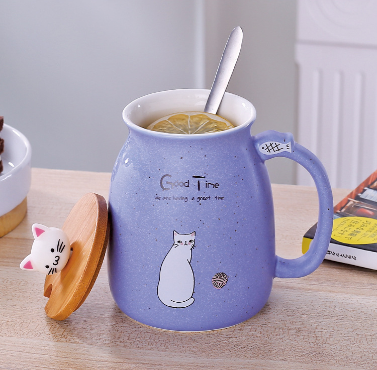 Cartoon Ceramics Cat Mug With Lid and Spoon Coffee Milk Tea Mugs - Minihomy