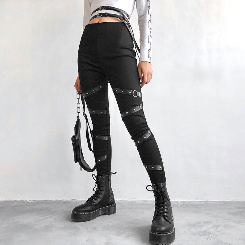 Push Up Black Gothic Women Ribbon With Rivet Patchwork Leggins