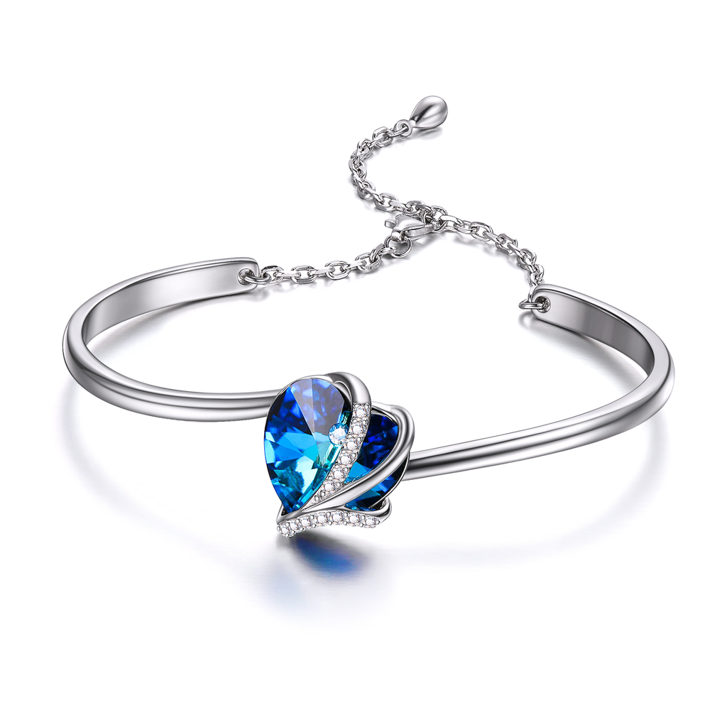 925 Sterling Silver Love Heart Bangle  with Blue  Crystals,I Love You Bracelet - Minihomy