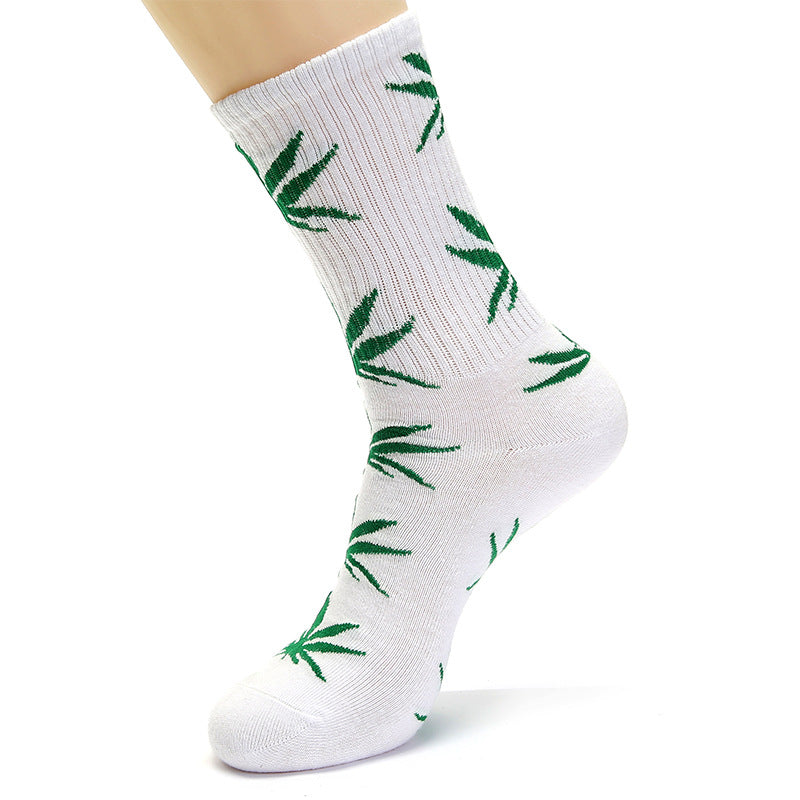 Threaded Tube Maple Leaf Printed Cotton Socks