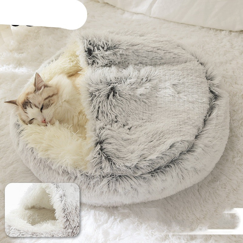 Pet Bed Round Plush Warm Bed House Soft Long Plush Bed  2 In 1 Bed - Minihomy