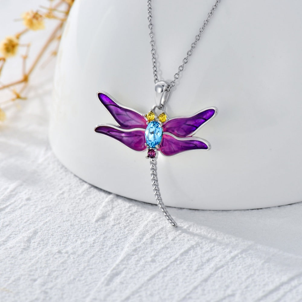 925 Sterling Silver Dragonfly Pendant Necklaces with Crystal Jewelry for Women - Minihomy