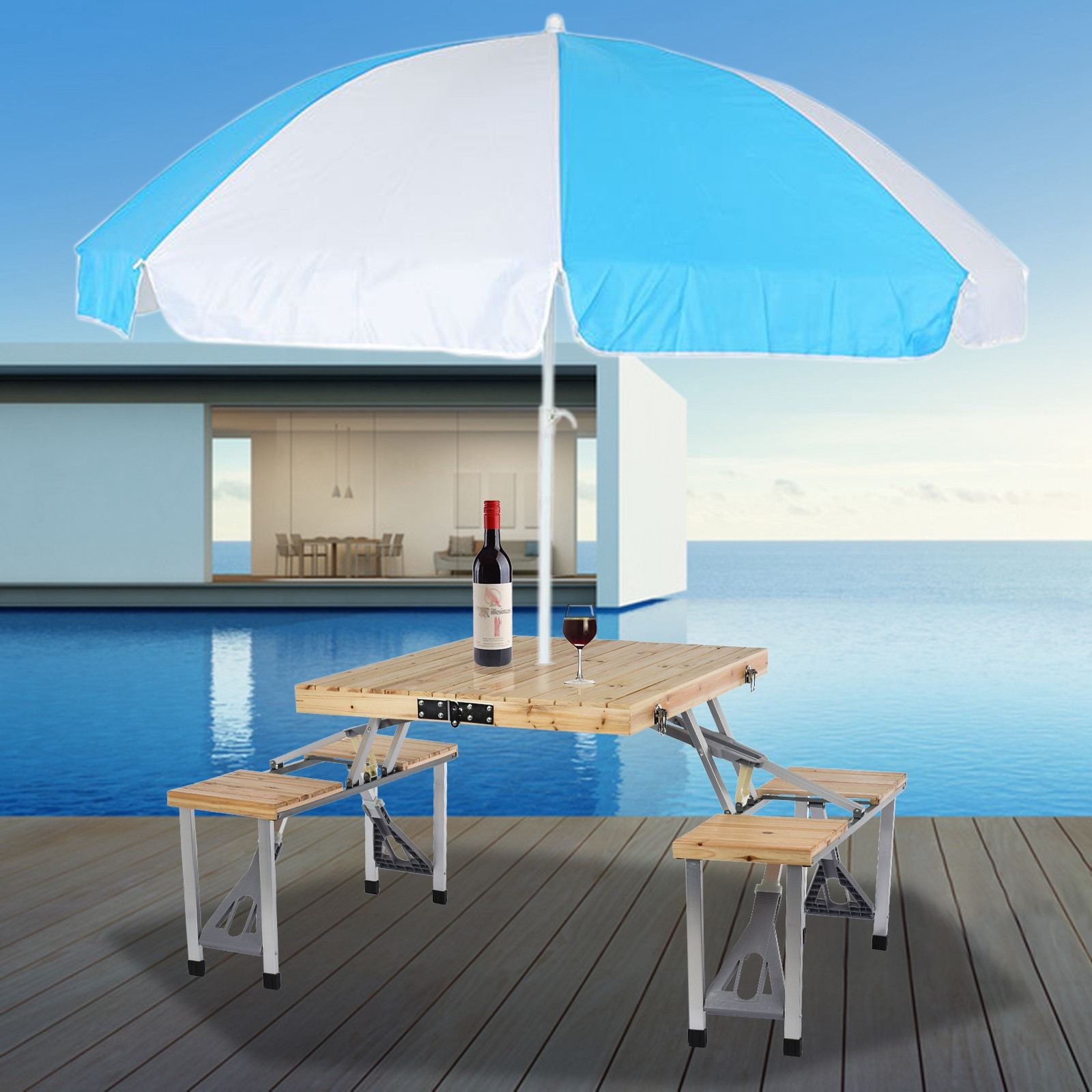 Portable Foldable Camping  Table With Seats Chairs And Umbrella Hole