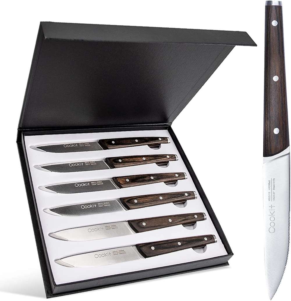 6Pcs Steak Knife Set Serrated Stainless Steel Utility with Wooden Handle for Home Dining Restaurant - Minihomy