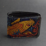 First Layer Cowhide Handmade Leather Carving Wallet Short Carp Couple Gift - Minihomy