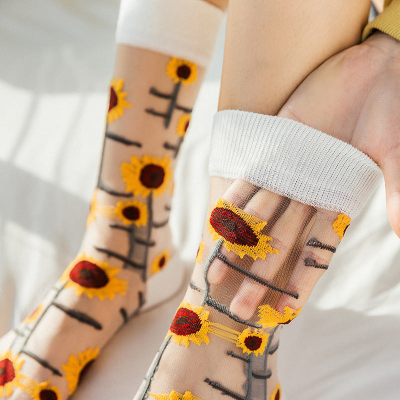 Crystal Silk Tide Socks Funny Sunflowers Vines Flowers Happy Women Socks - Minihomy